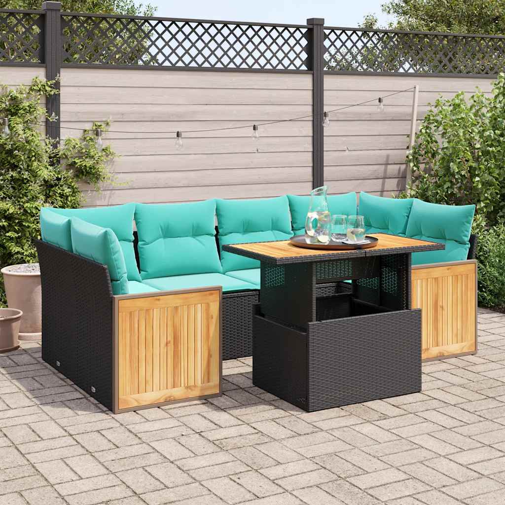 7 Piece Garden Sofa Set with Cushions Black Poly Rattan Acacia