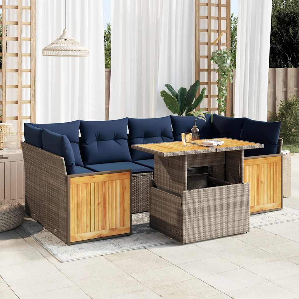 7 Piece Garden Sofa Set with Cushions Grey Poly Rattan Acacia