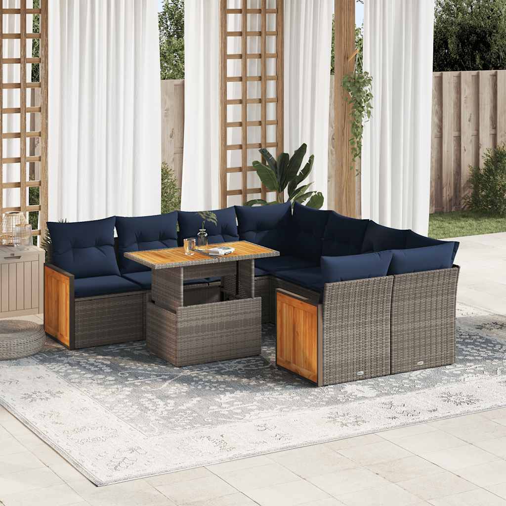 9 Piece Garden Sofa Set with Cushions Grey Poly Rattan Acacia