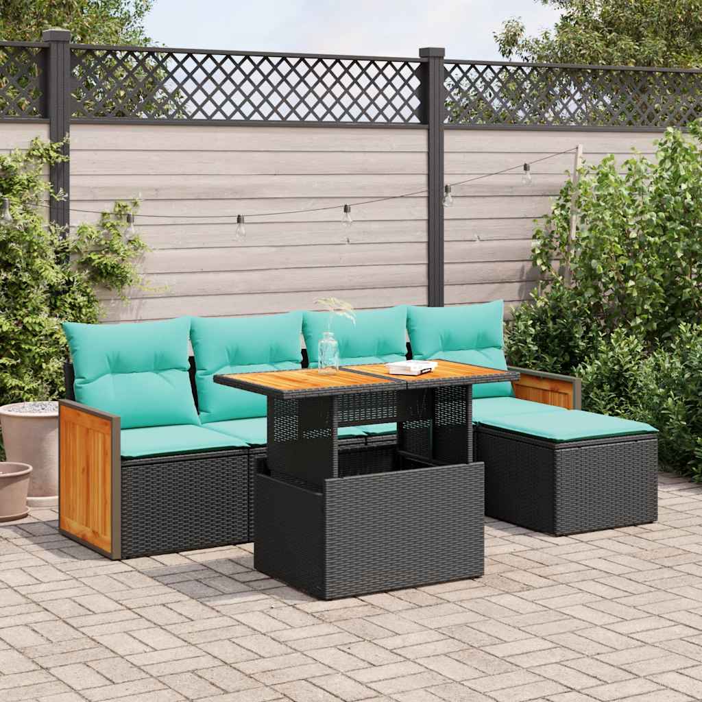 6 Piece Garden Sofa Set with Cushions Black Poly Rattan Acacia