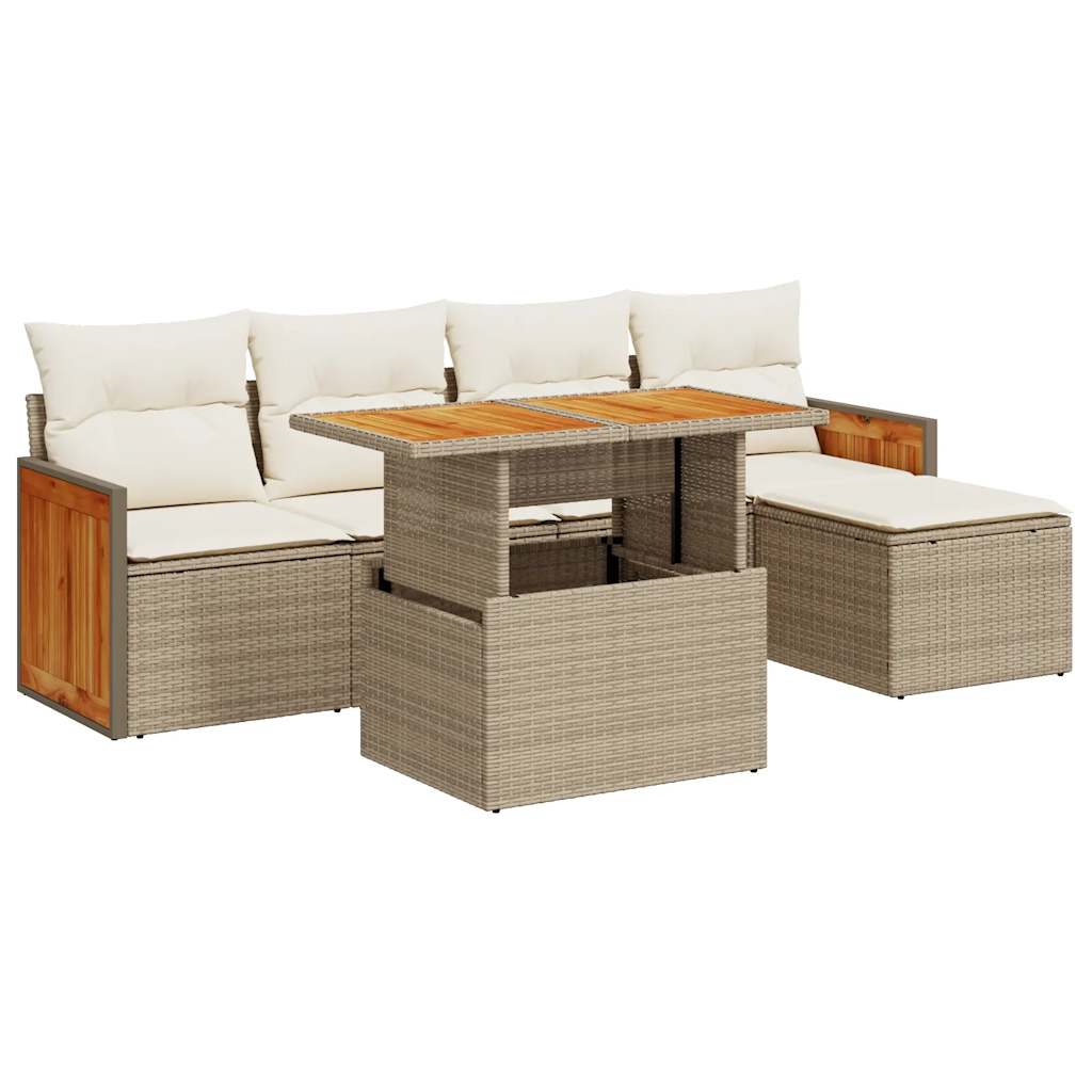 6 Piece Garden Sofa Set with Cushions Beige Poly Rattan Acacia