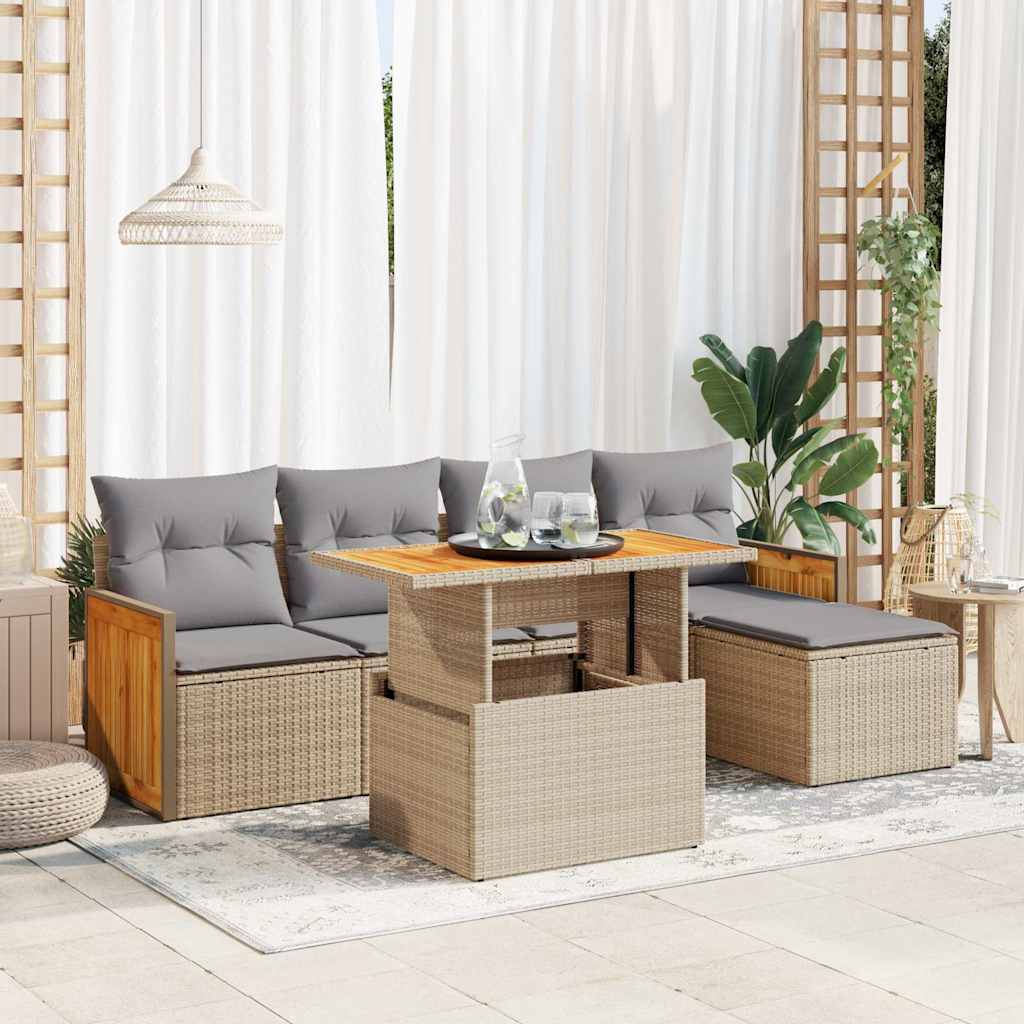 6 Piece Garden Sofa Set with Cushions Beige Poly Rattan Acacia