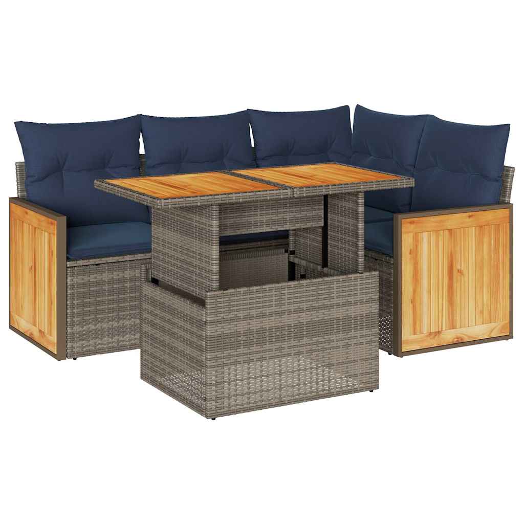 5 Piece Garden Sofa Set with Cushions Grey Poly Rattan Acacia
