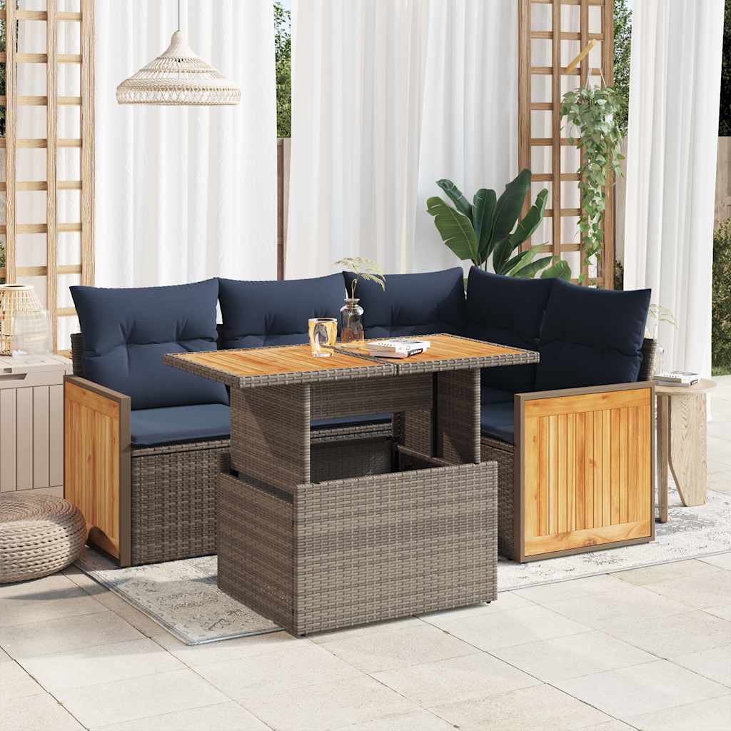 5 Piece Garden Sofa Set with Cushions Grey Poly Rattan Acacia