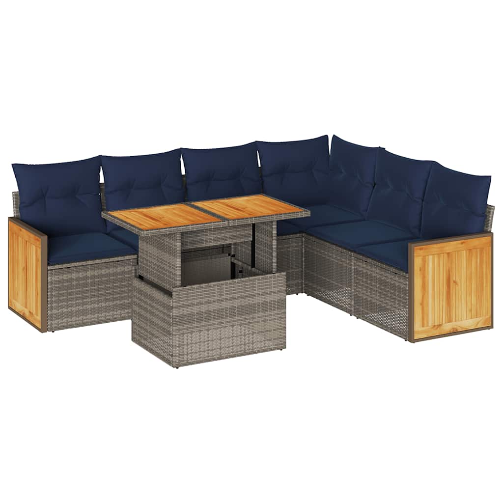 7 Piece Garden Sofa Set with Cushions Grey Poly Rattan Acacia