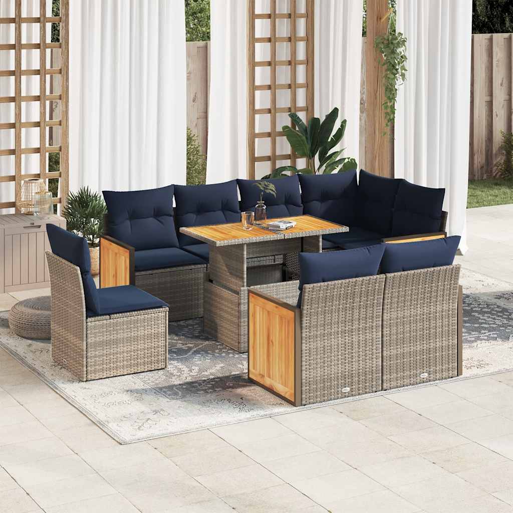9 Piece Garden Sofa Set with Cushions Grey Poly Rattan Acacia