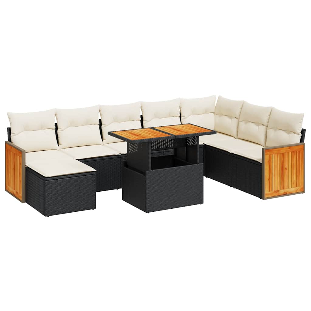 9 Piece Garden Sofa Set with Cushions Black Poly Rattan Acacia
