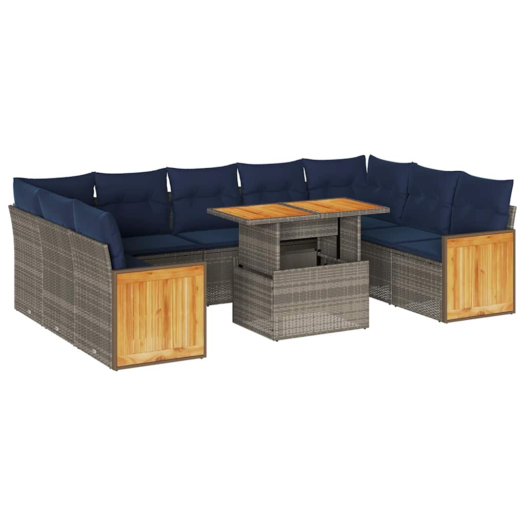 10 Piece Garden Sofa Set with Cushions Grey Poly Rattan Acacia