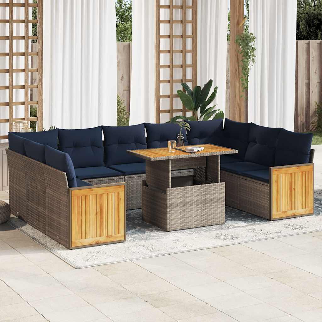 10 Piece Garden Sofa Set with Cushions Grey Poly Rattan Acacia