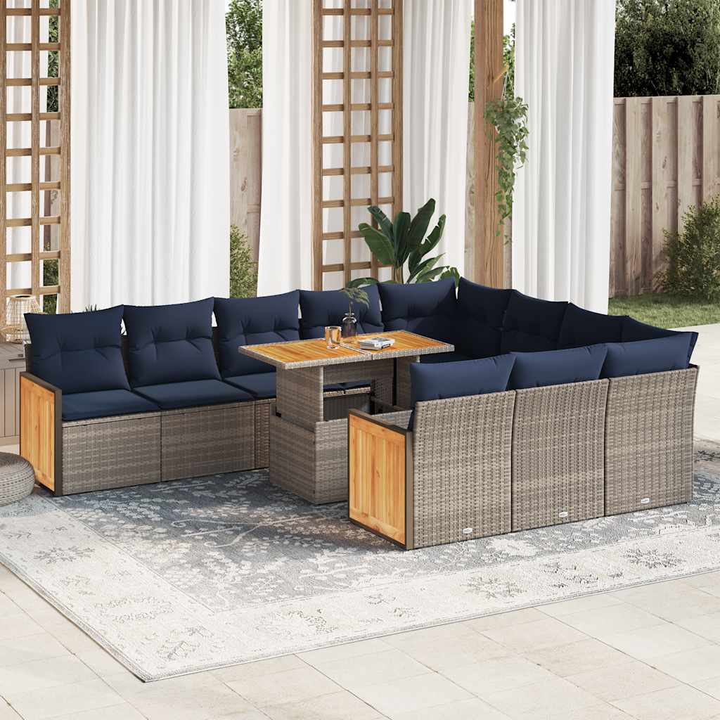 11 Piece Garden Sofa Set with Cushions Grey Poly Rattan Acacia