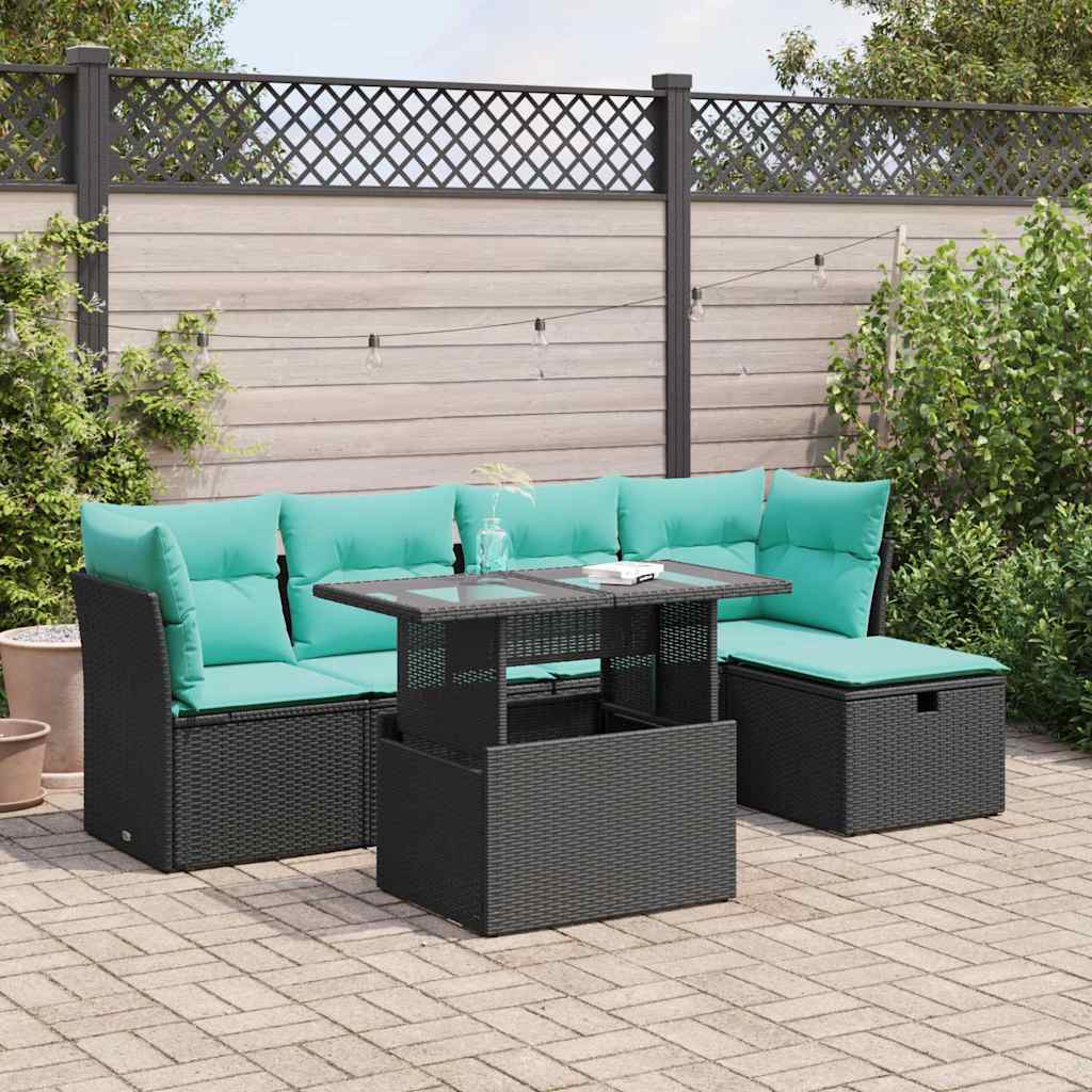6 Piece Garden Sofa Set with Cushions Black Poly Rattan Acacia