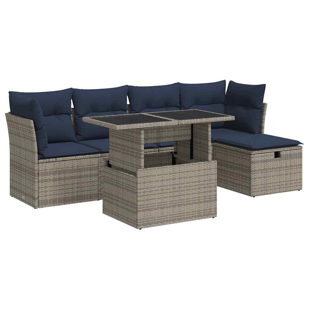 6 Piece Garden Sofa Set with Cushions Grey Poly Rattan Acacia