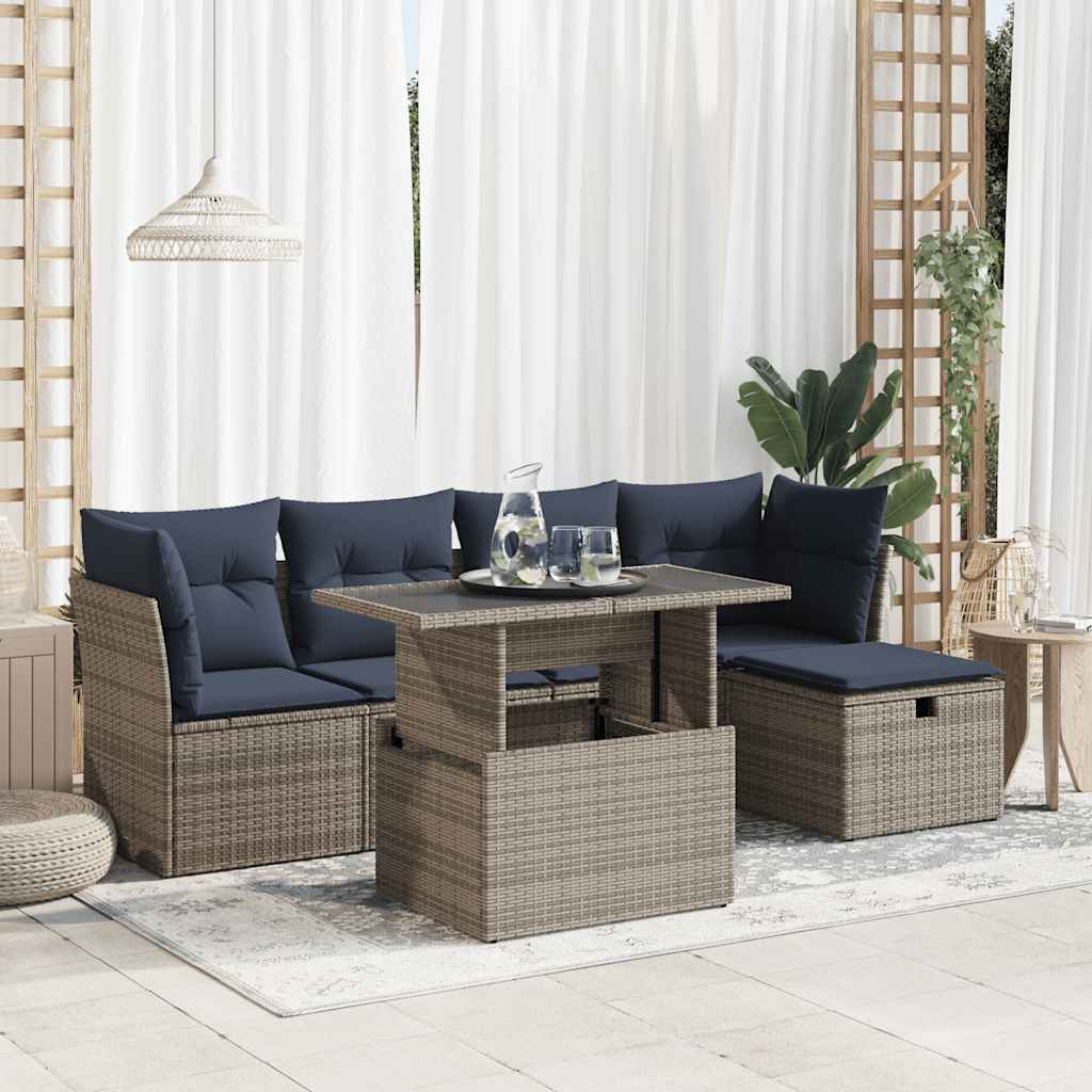 6 Piece Garden Sofa Set with Cushions Grey Poly Rattan Acacia