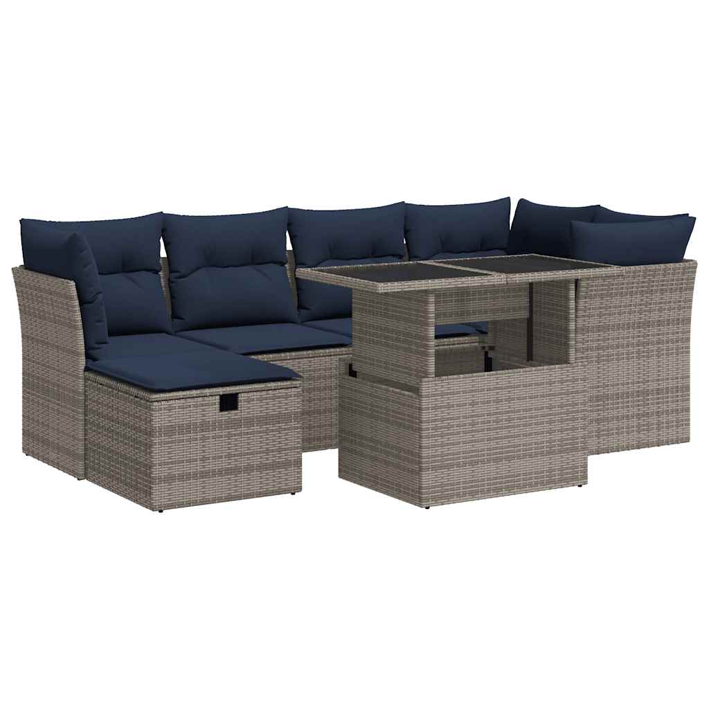 7 Piece Garden Sofa Set with Cushions Grey Poly Rattan Acacia