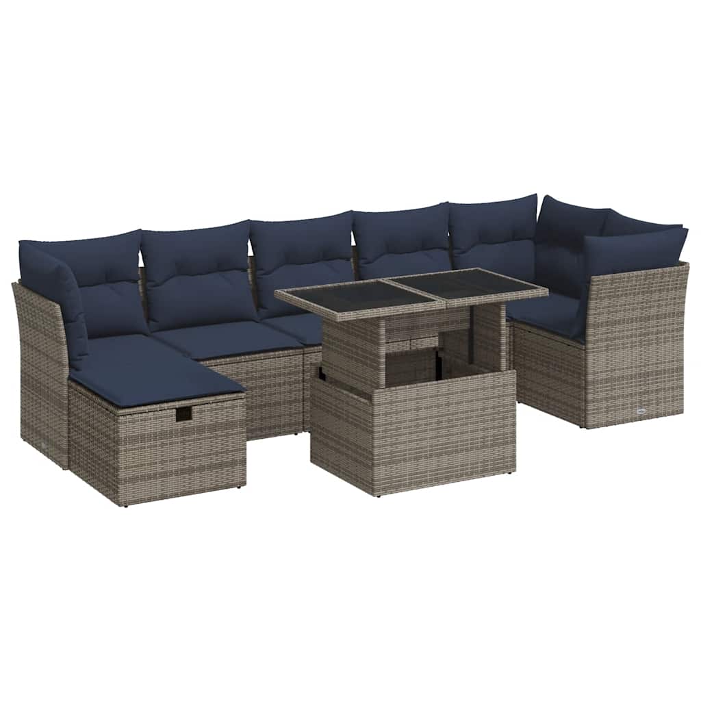 8 Piece Garden Sofa Set with Cushions Grey Poly Rattan Acacia