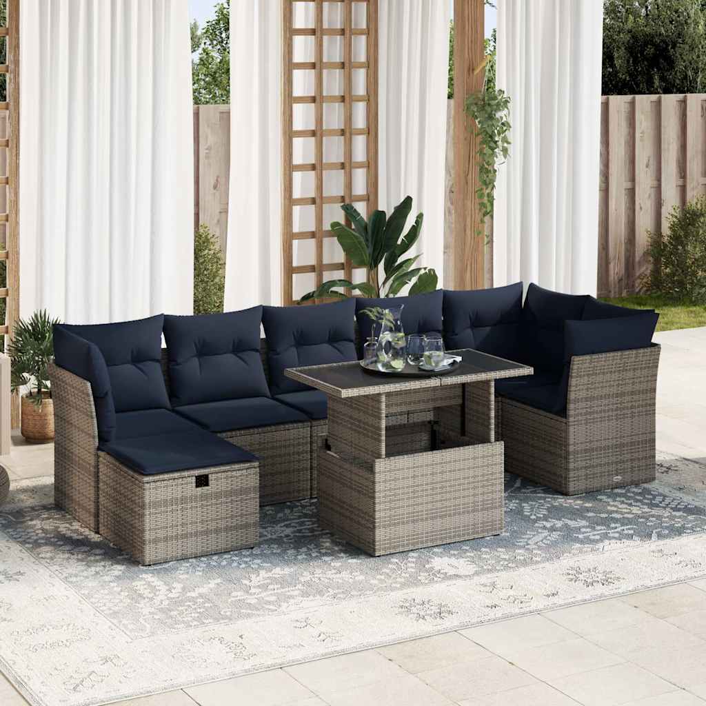 8 Piece Garden Sofa Set with Cushions Grey Poly Rattan Acacia