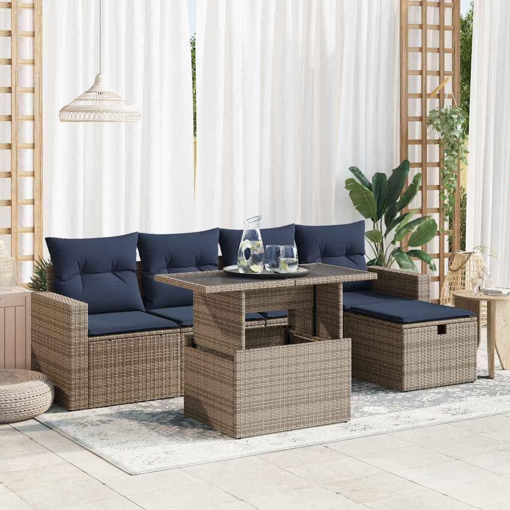 6 Piece Garden Sofa Set with Cushions Grey Poly Rattan