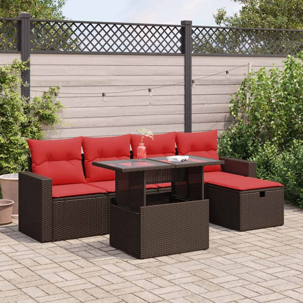 6 Piece Garden Sofa Set with Cushions Brown Poly Rattan Acacia