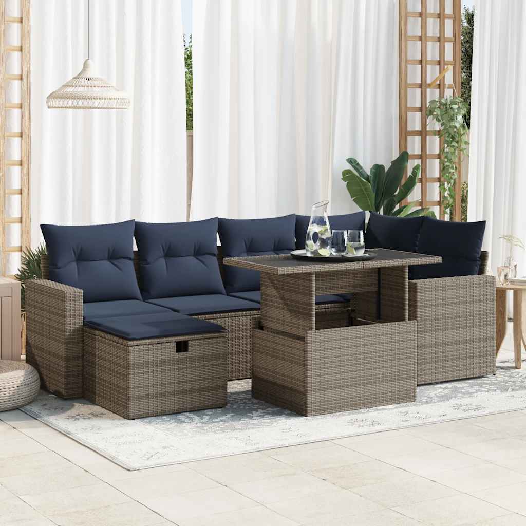 7 Piece Garden Sofa Set with Cushions Grey Poly Rattan Acacia