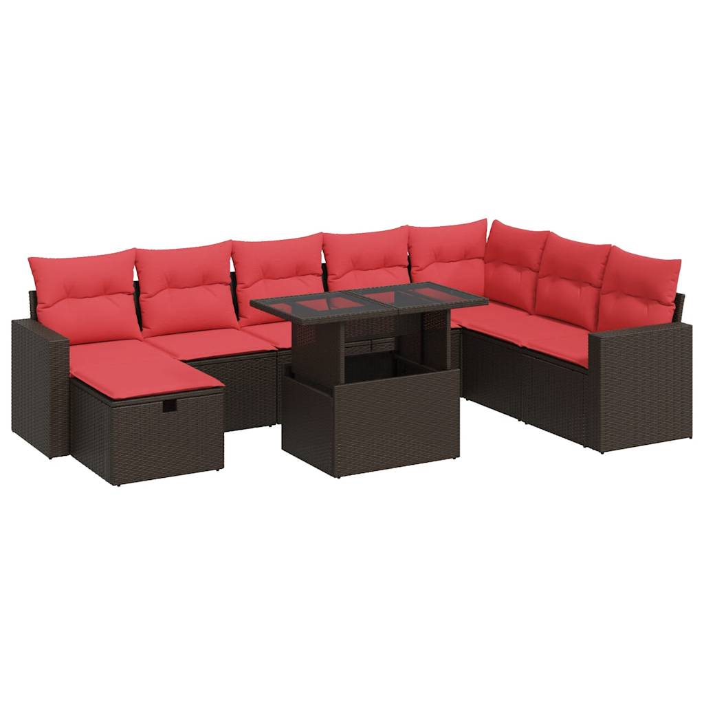 9 Piece Garden Sofa Set with Cushions Brown Poly Rattan Acacia