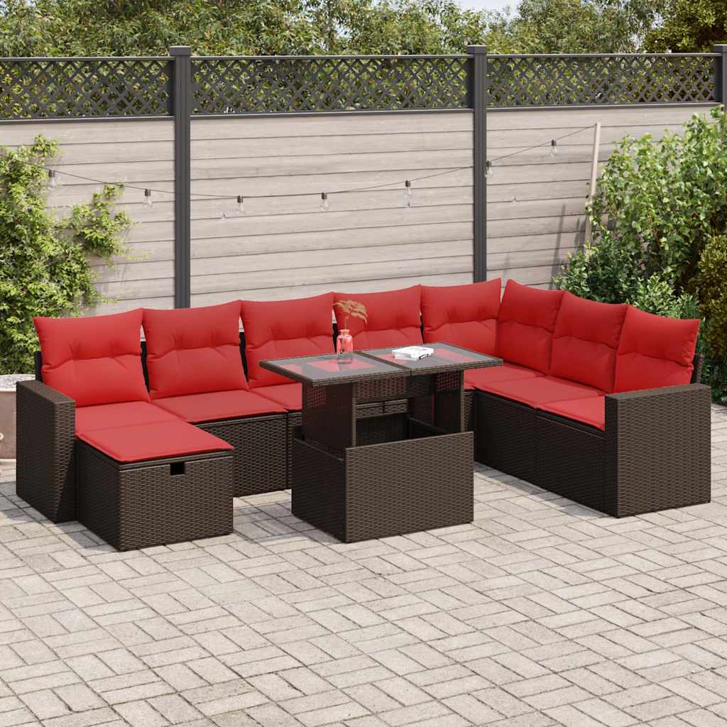 9 Piece Garden Sofa Set with Cushions Brown Poly Rattan Acacia