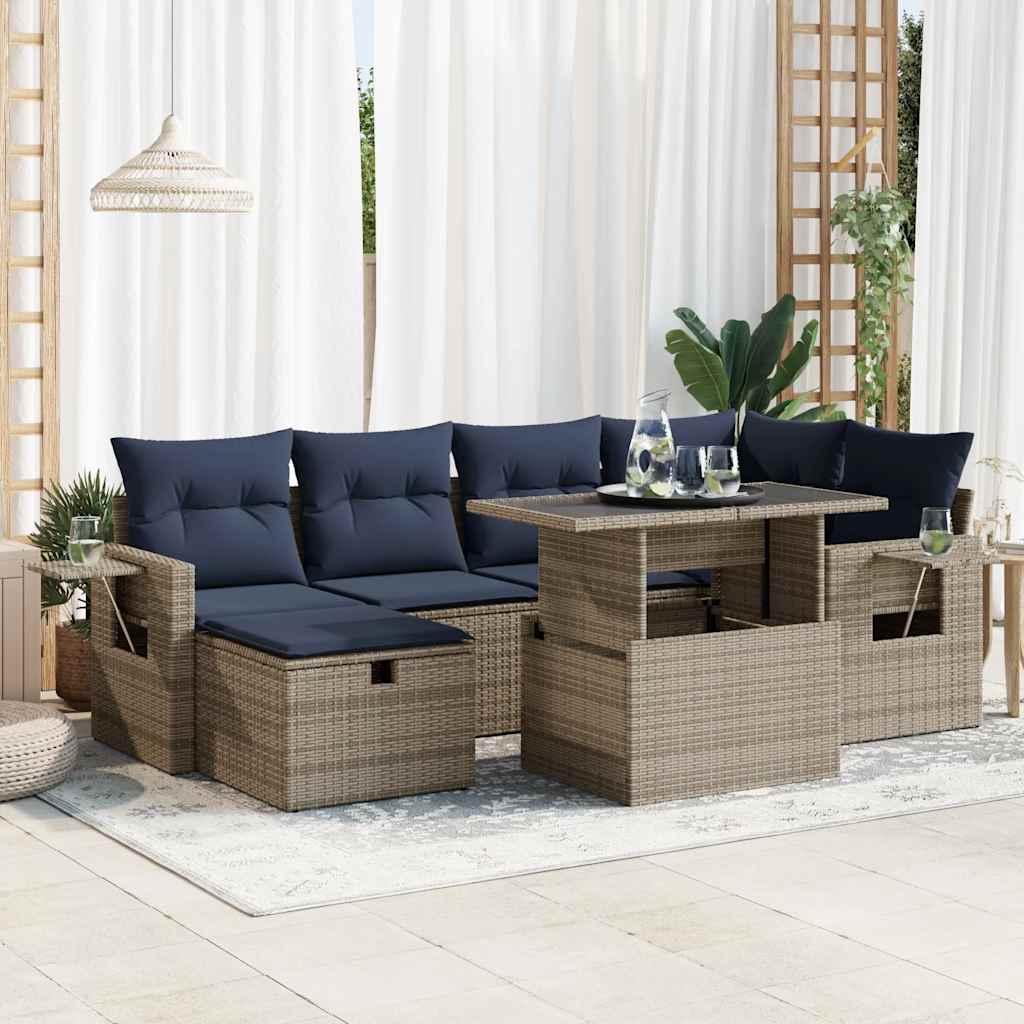 7 Piece Garden Sofa Set with Cushions Grey Poly Rattan Acacia