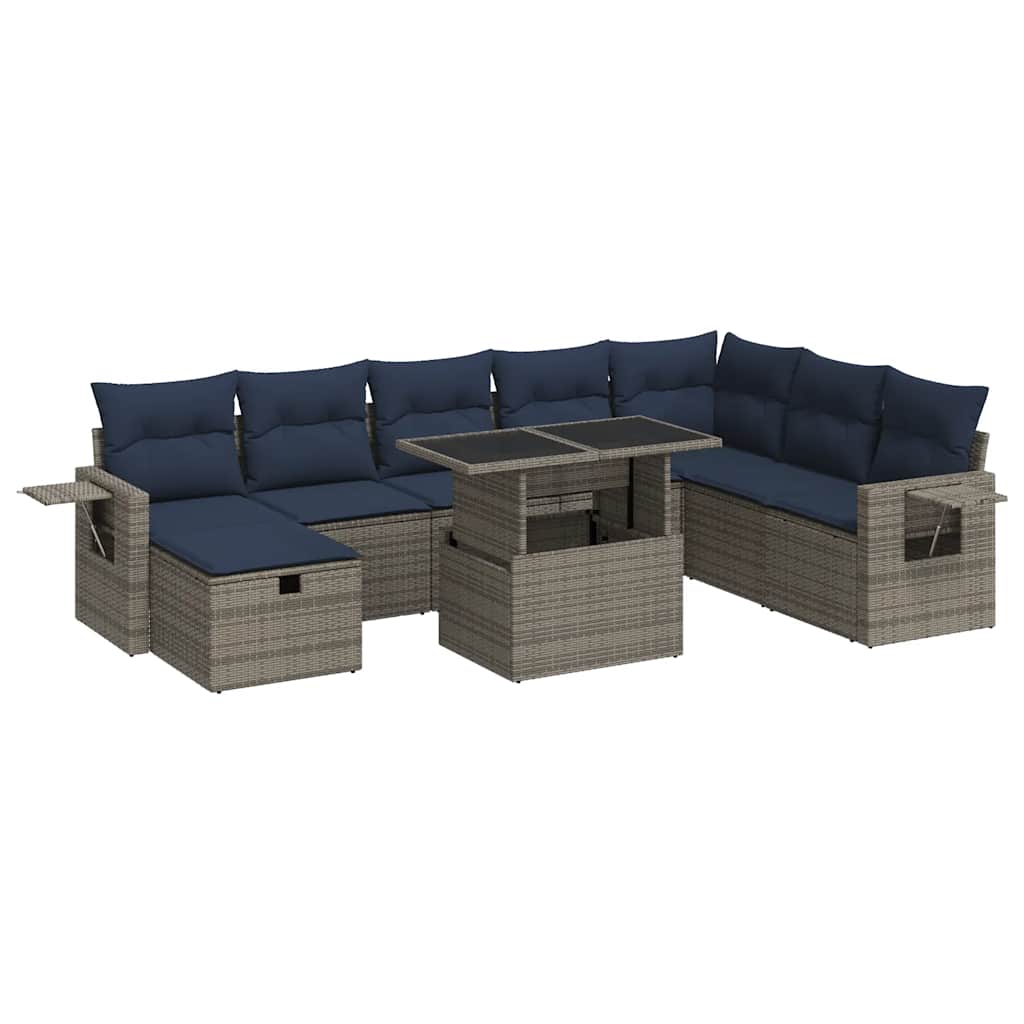 9 Piece Garden Sofa Set with Cushions Grey Poly Rattan Acacia