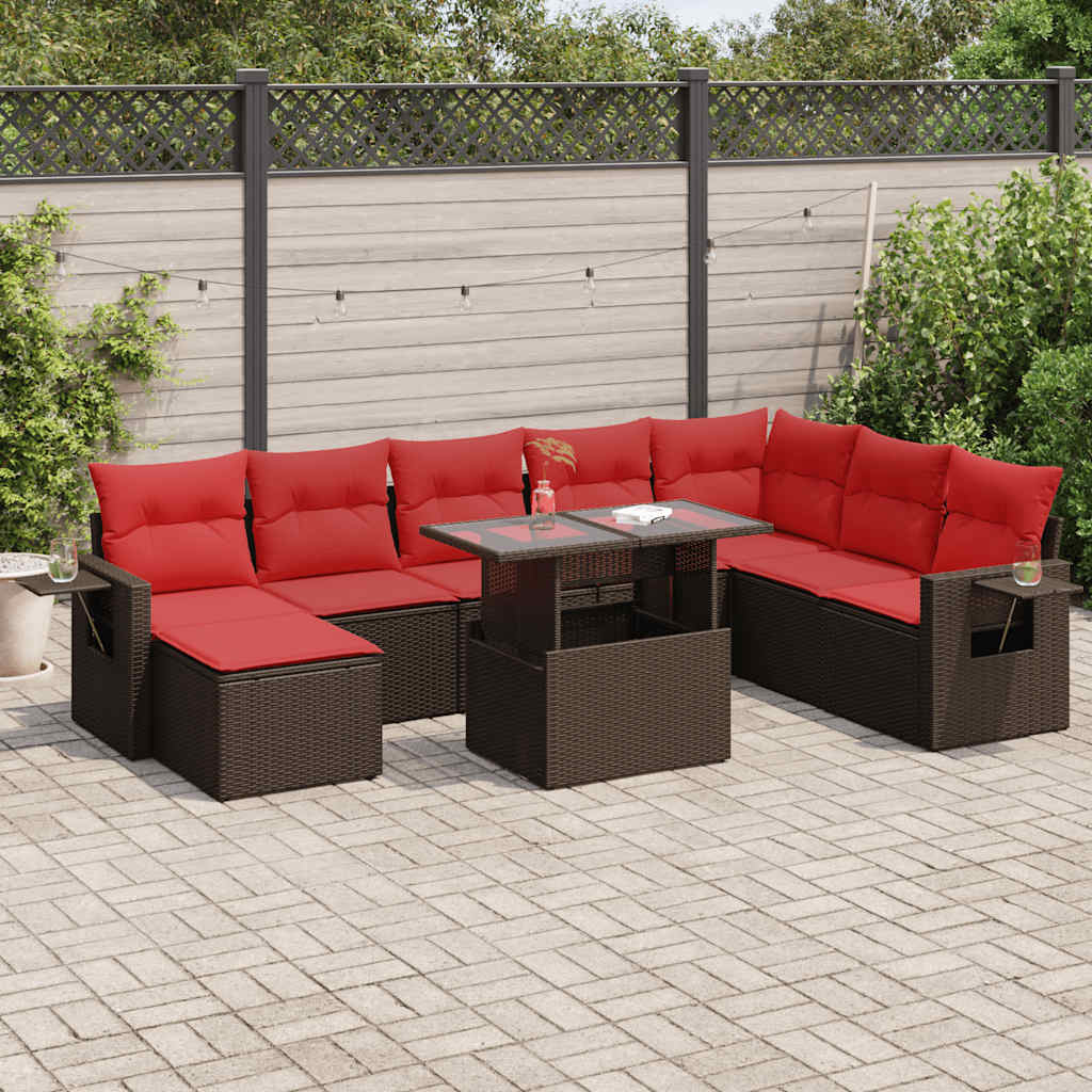 9 Piece Garden Sofa Set with Cushions Brown Poly Rattan Acacia