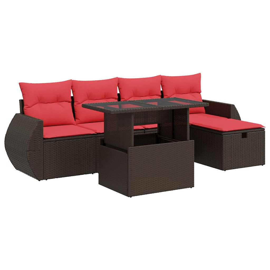 6 Piece Garden Sofa Set with Cushions Brown Poly Rattan Acacia