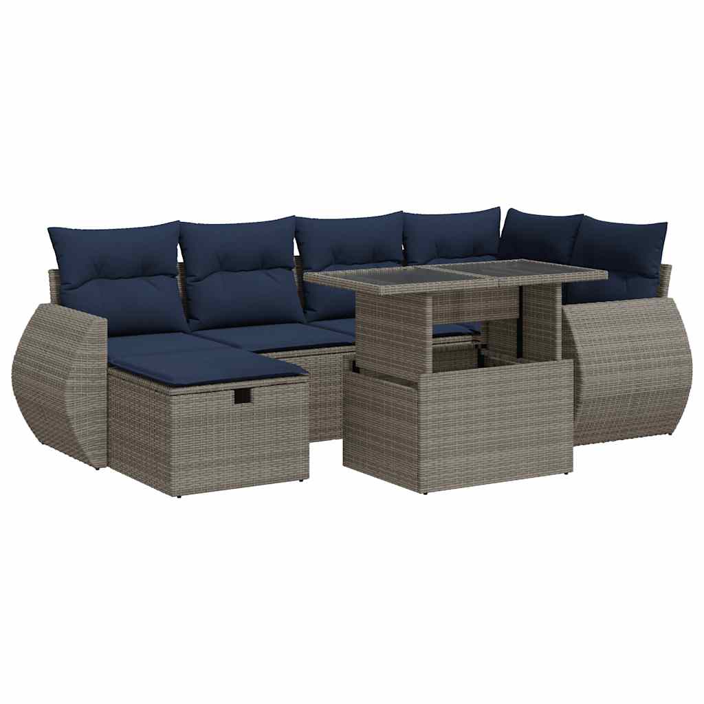 7 Piece Garden Sofa Set with Cushions Grey Poly Rattan Acacia
