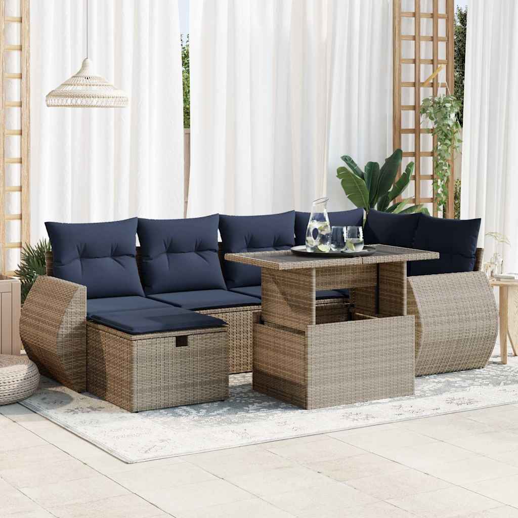 7 Piece Garden Sofa Set with Cushions Grey Poly Rattan Acacia