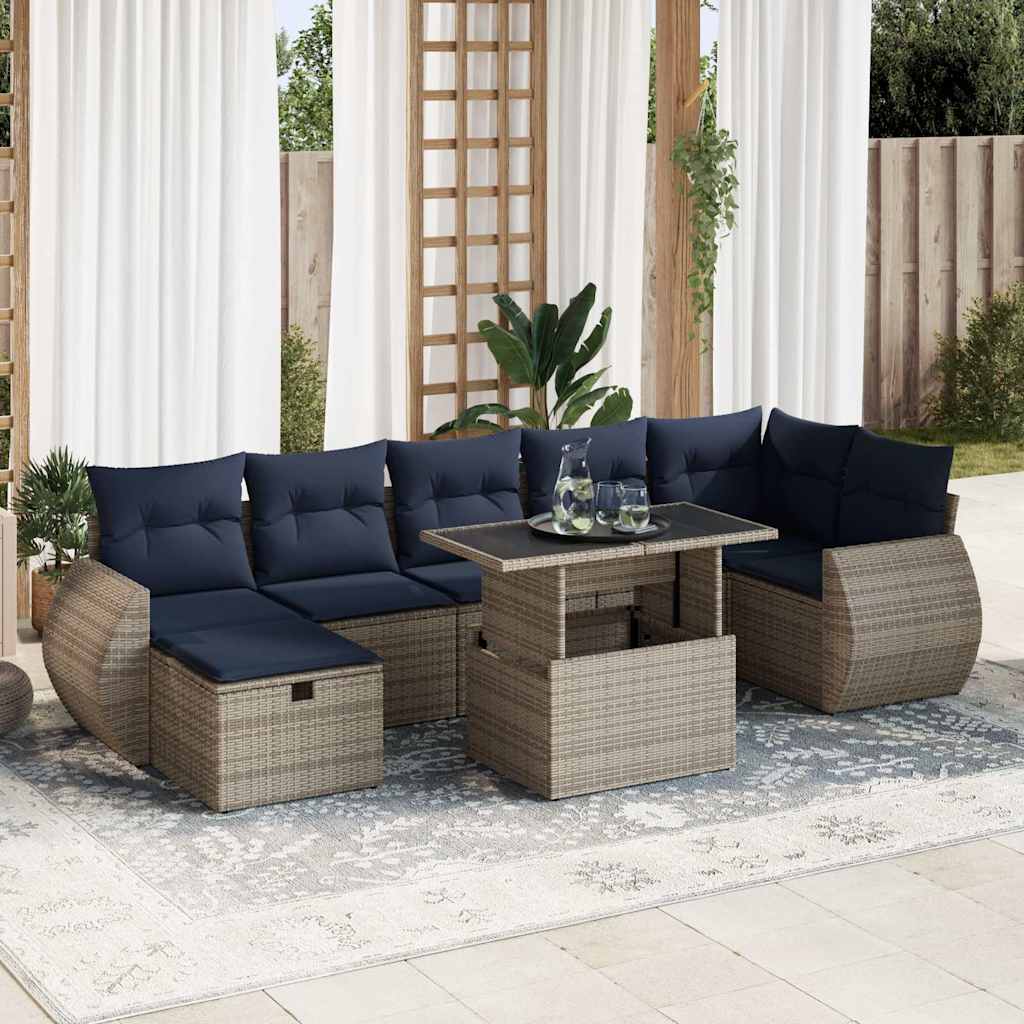 8 Piece Garden Sofa Set with Cushions Grey Poly Rattan Acacia