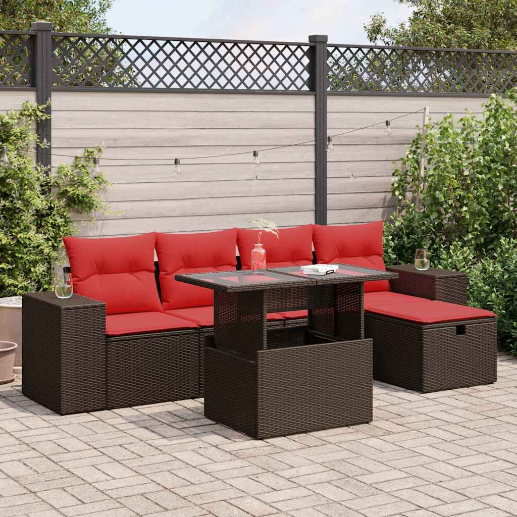 6 Piece Garden Sofa Set with Cushions Brown Poly Rattan