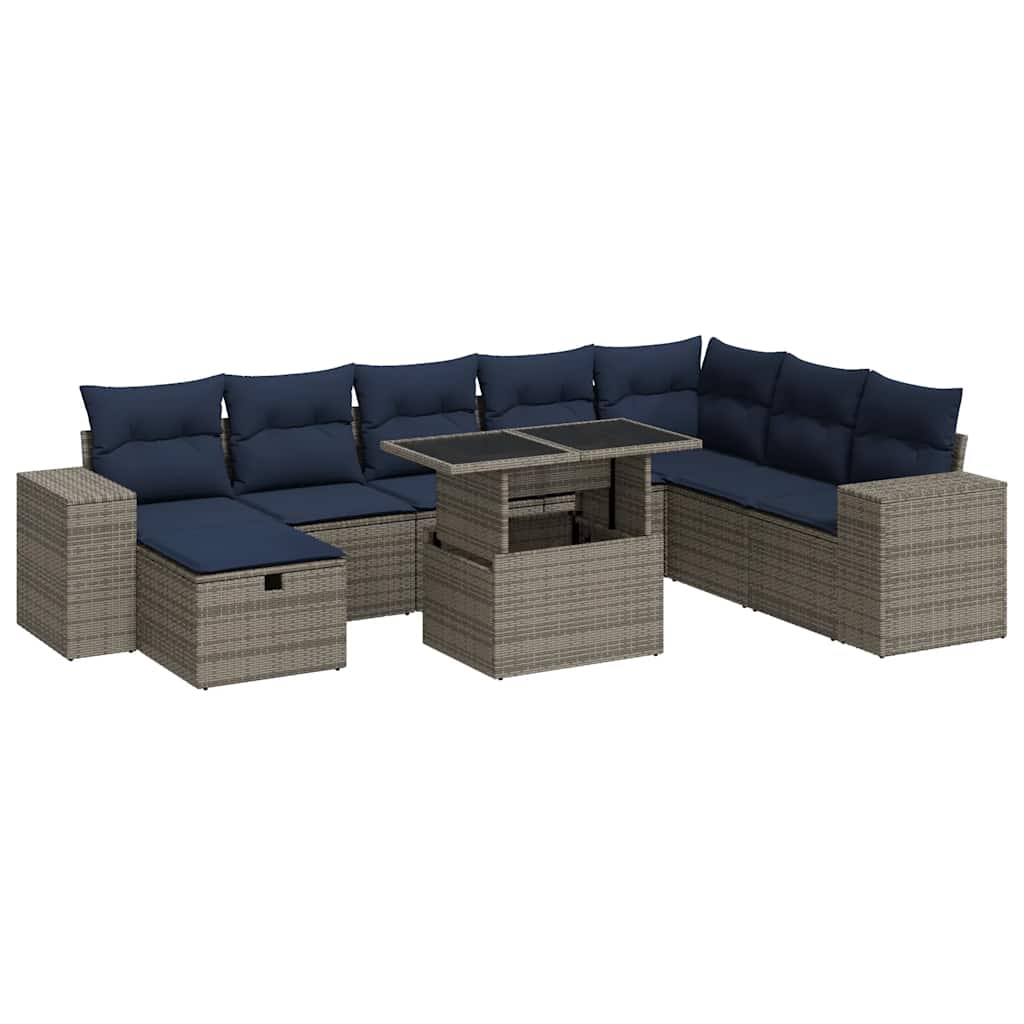9 Piece Garden Sofa Set with Cushions Brown Poly Rattan Acacia