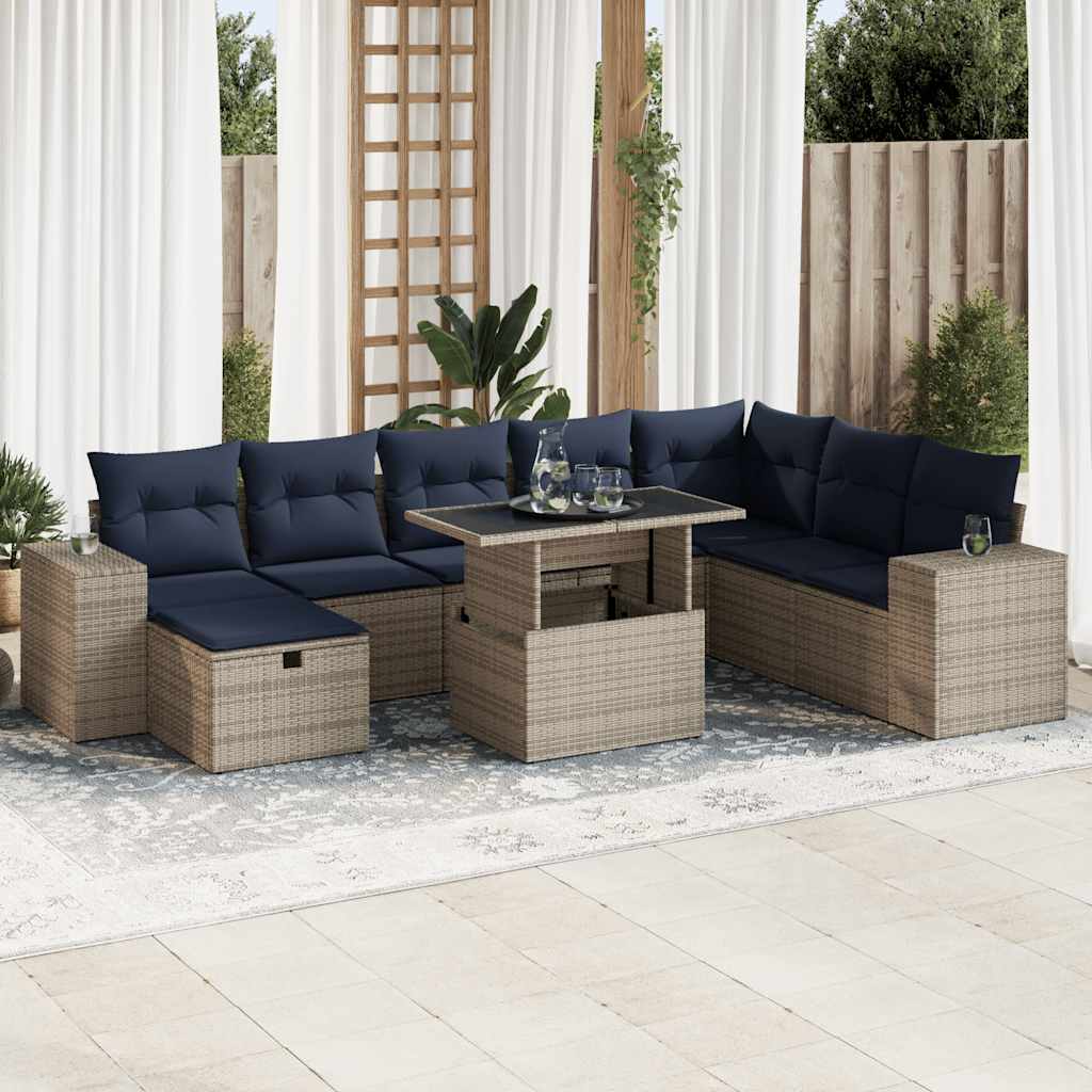 9 Piece Garden Sofa Set with Cushions Brown Poly Rattan Acacia