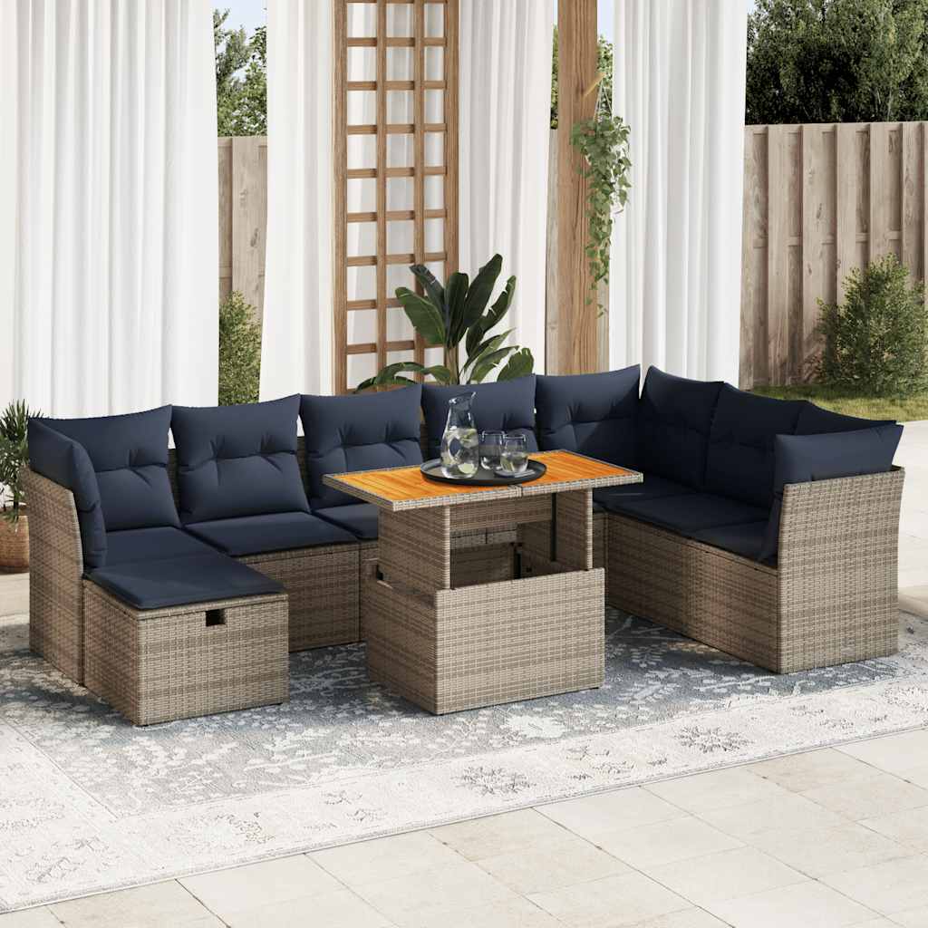 9 Piece Garden Sofa Set with Cushions Brown Poly Rattan Acacia