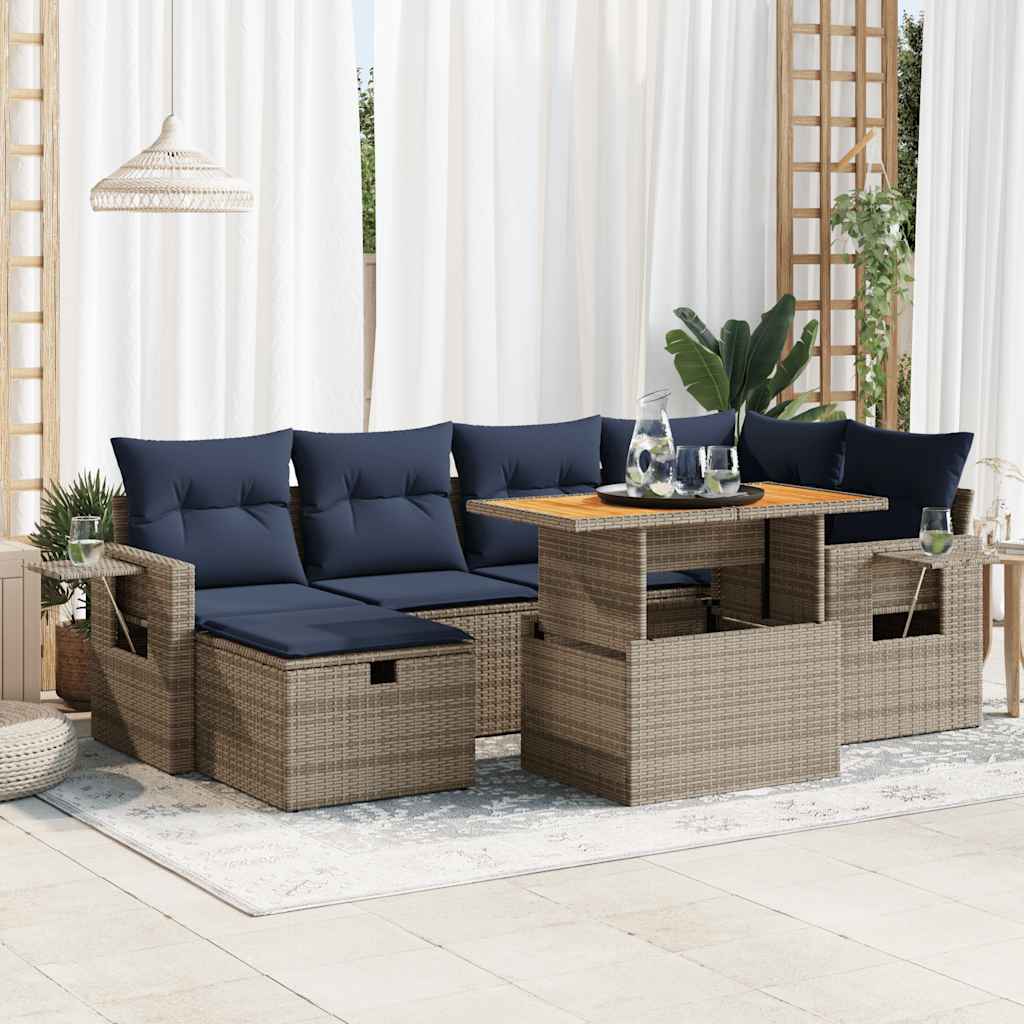7 Piece Garden Sofa Set with Cushions Black Poly Rattan Acacia
