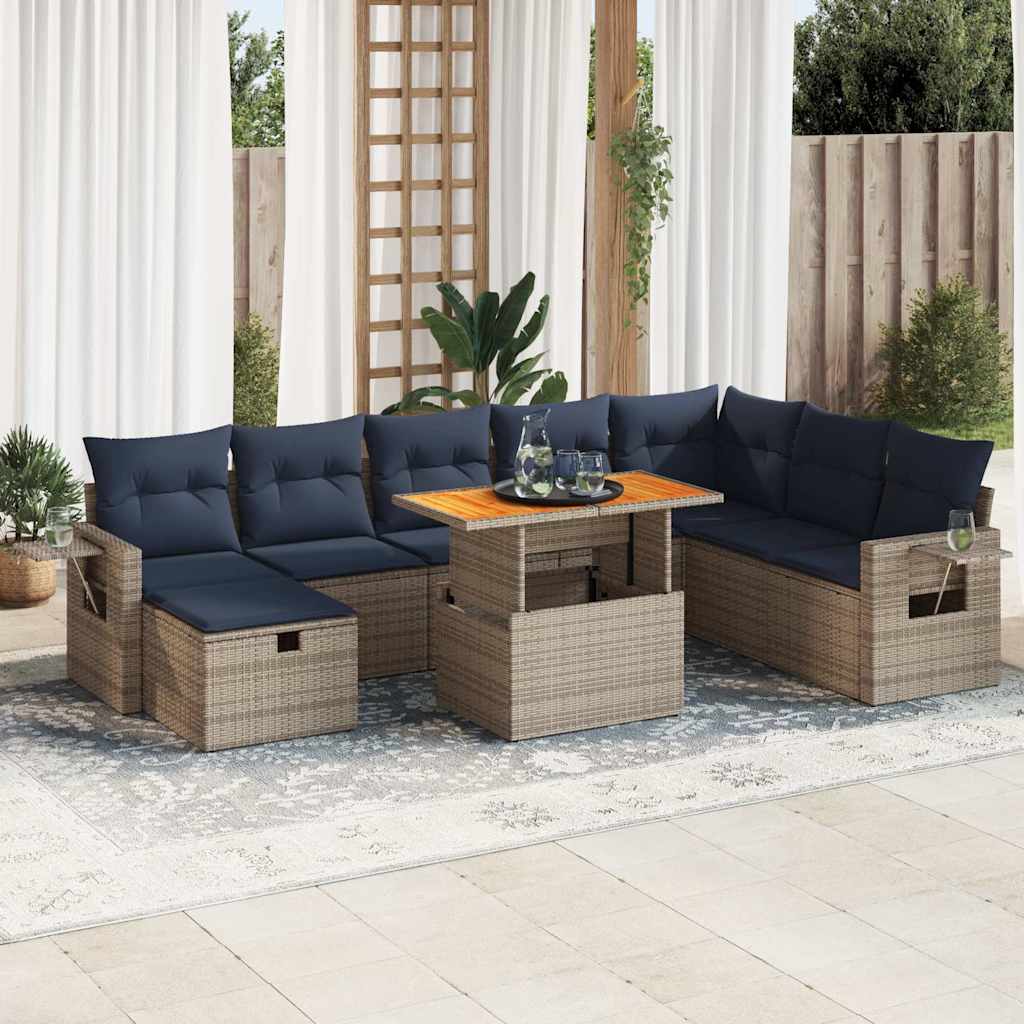 9 Piece Garden Sofa Set with Cushions Grey Poly Rattan Acacia
