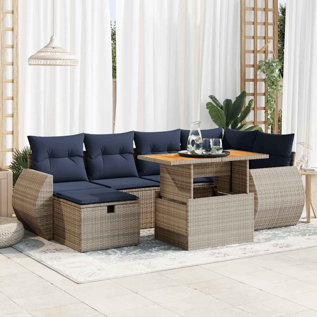 7 Piece Garden Sofa Set with Cushions Brown Poly Rattan Acacia
