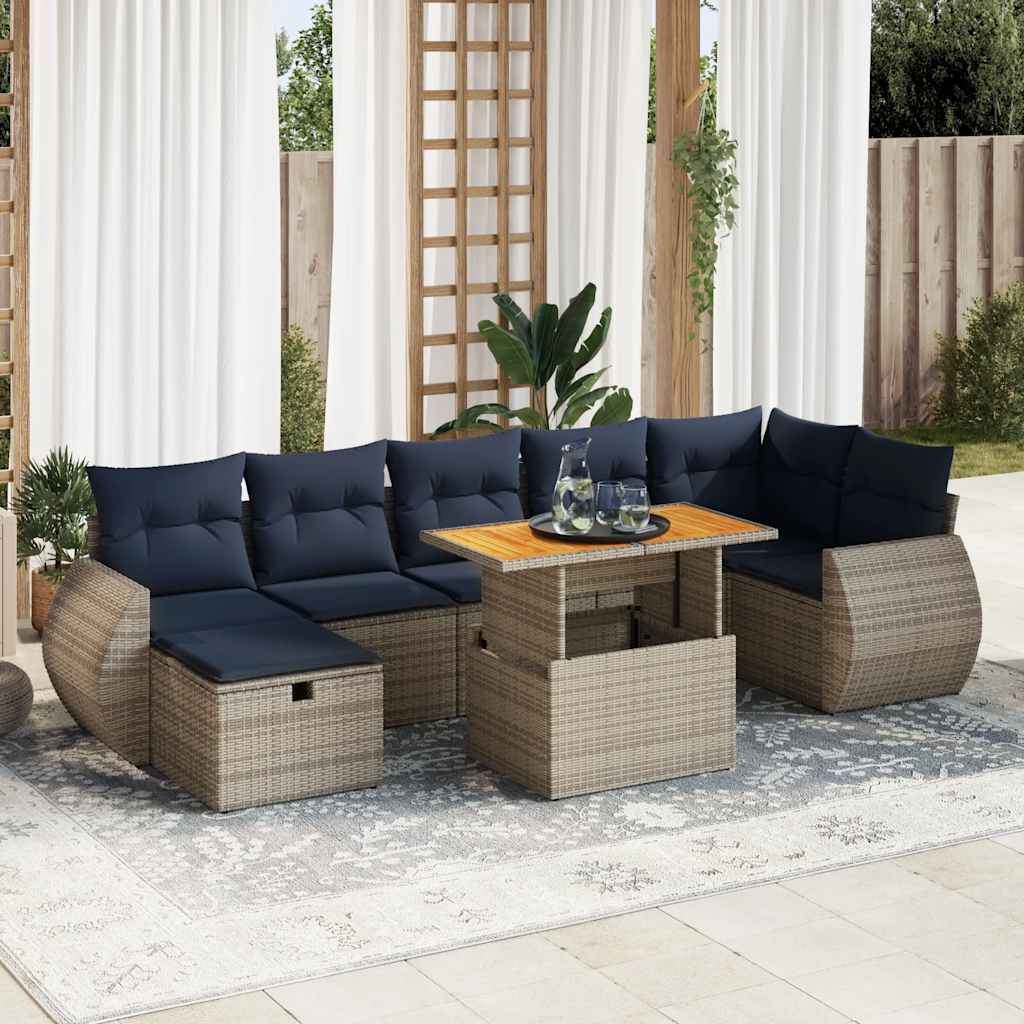 8 Piece Garden Sofa Set with Cushions Grey Poly Rattan Acacia
