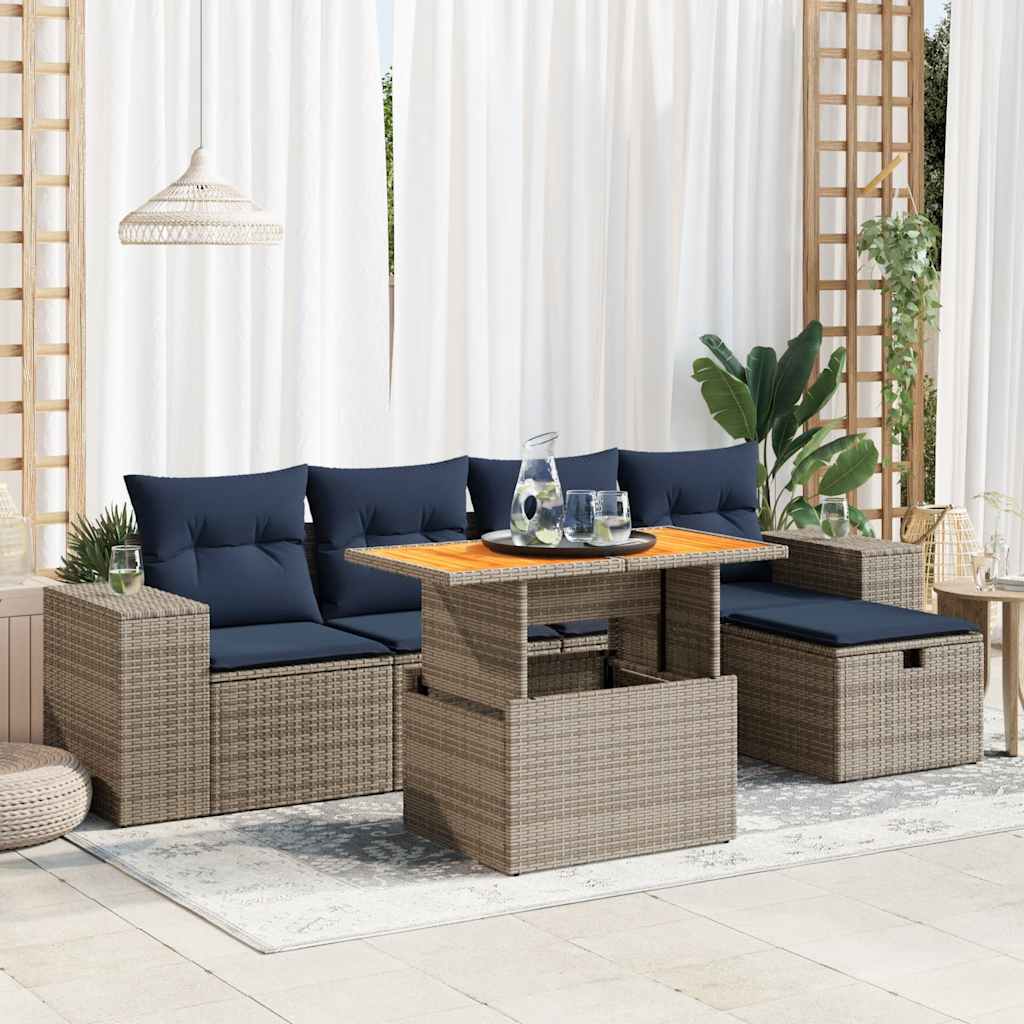 6 Piece Garden Sofa Set with Cushions Black Poly Rattan Acacia