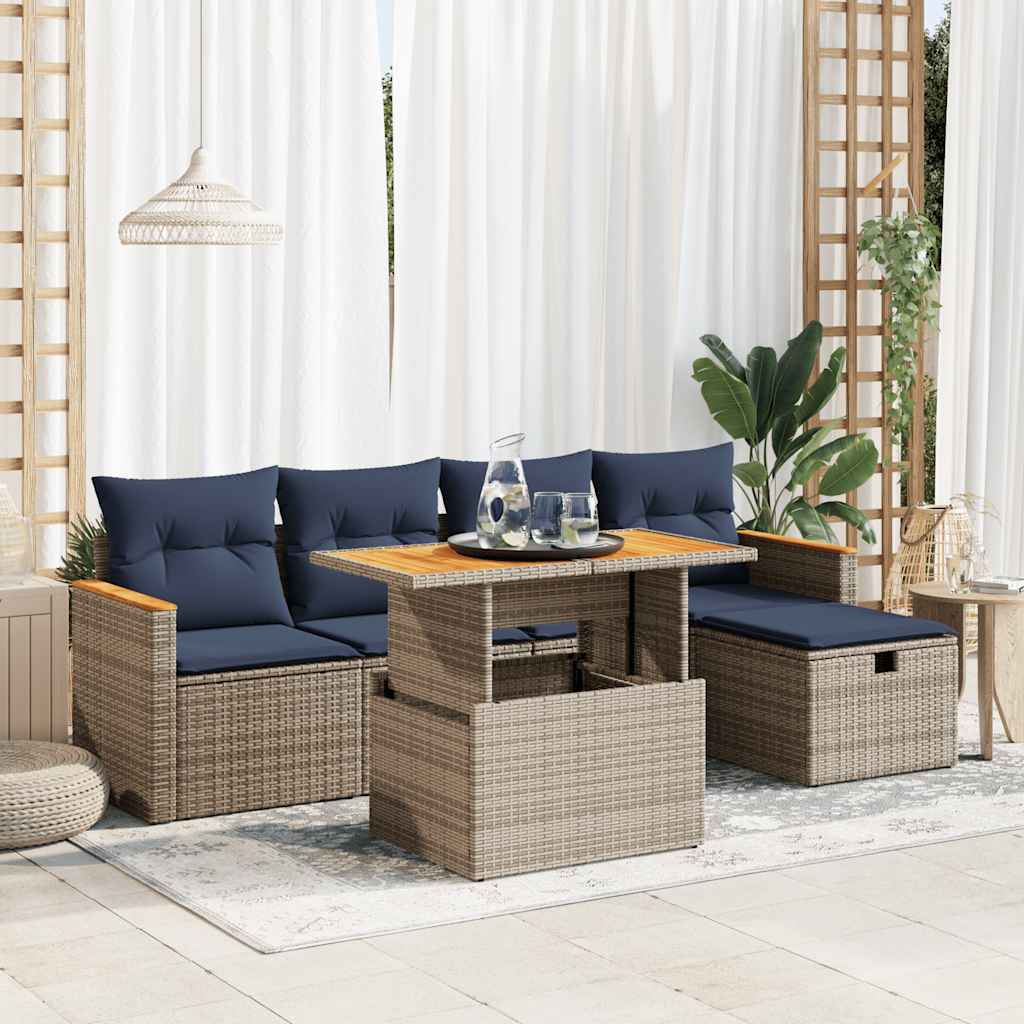 6 Piece Garden Sofa Set with Cushions Grey Poly Rattan Acacia