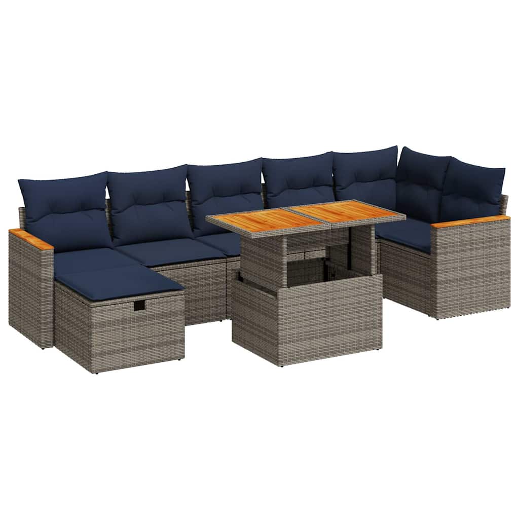 8 Piece Garden Sofa Set with Cushions Grey Poly Rattan Acacia