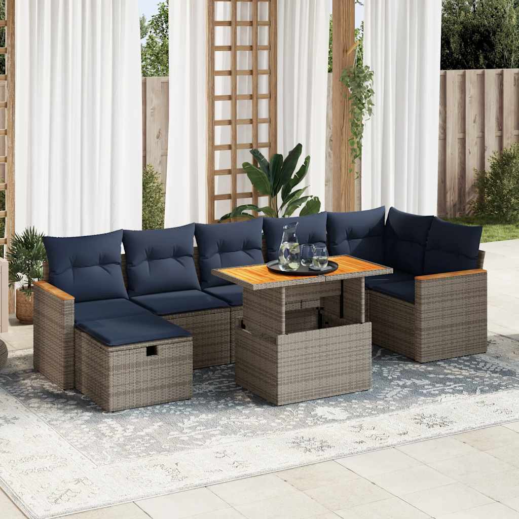 8 Piece Garden Sofa Set with Cushions Grey Poly Rattan Acacia