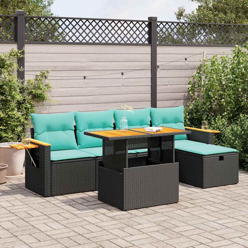 6 Piece Garden Sofa Set with Cushions Black Poly Rattan Acacia