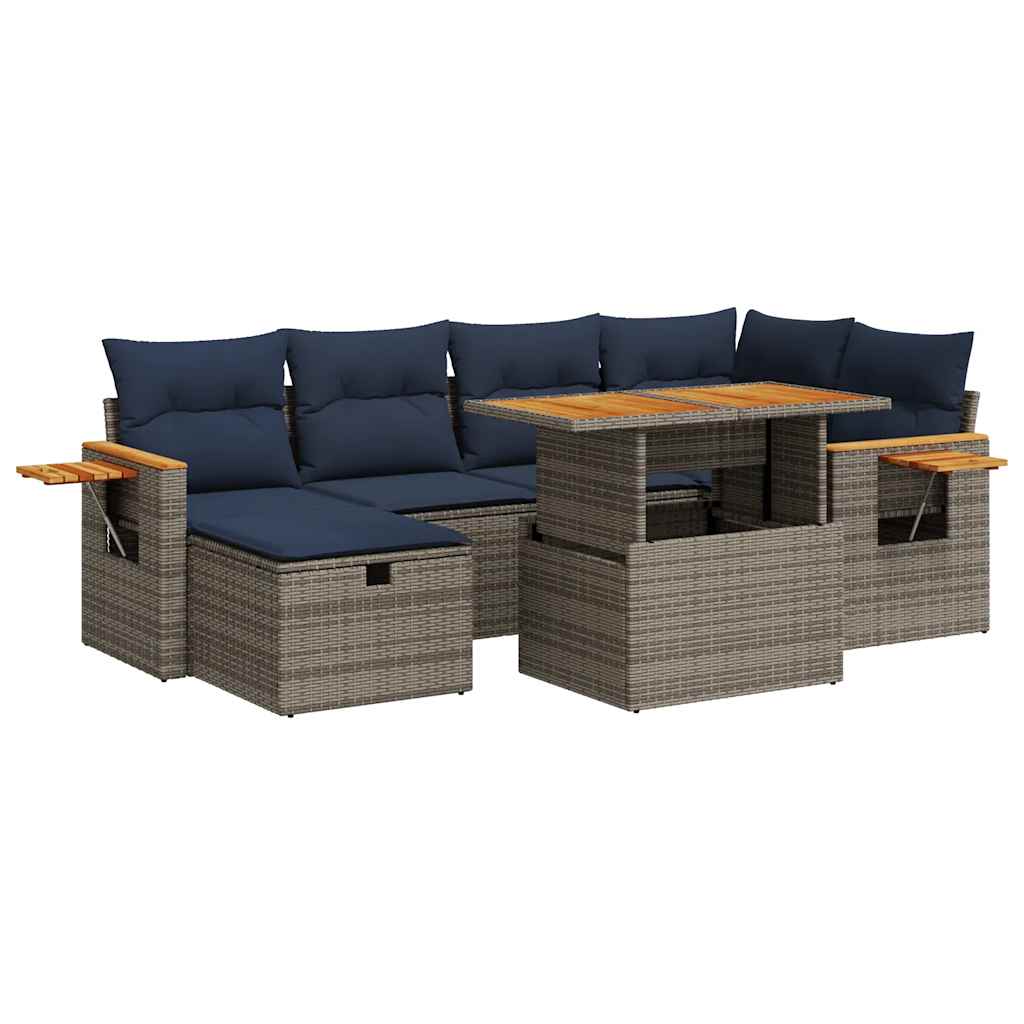 7 Piece Garden Sofa Set with Cushions Grey Poly Rattan Acacia