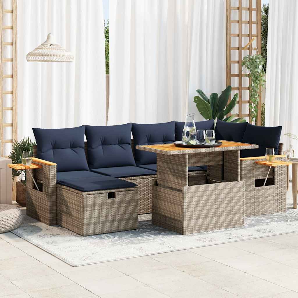 7 Piece Garden Sofa Set with Cushions Grey Poly Rattan Acacia