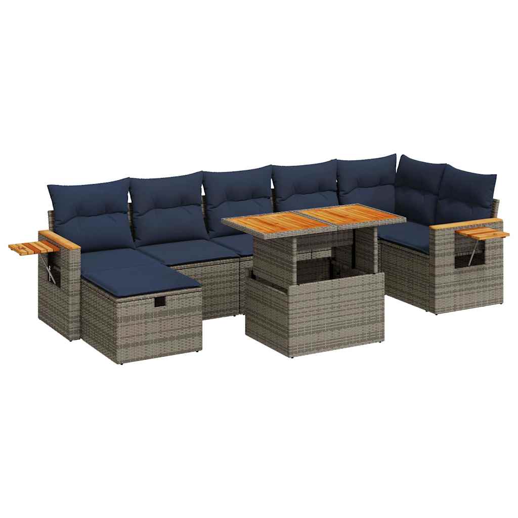 8 Piece Garden Sofa Set with Cushions Grey Poly Rattan Acacia