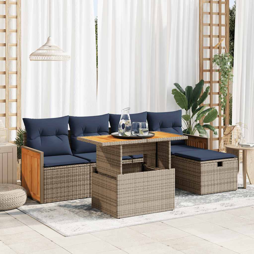 6 Piece Garden Sofa Set with Cushions Grey Poly Rattan Acacia