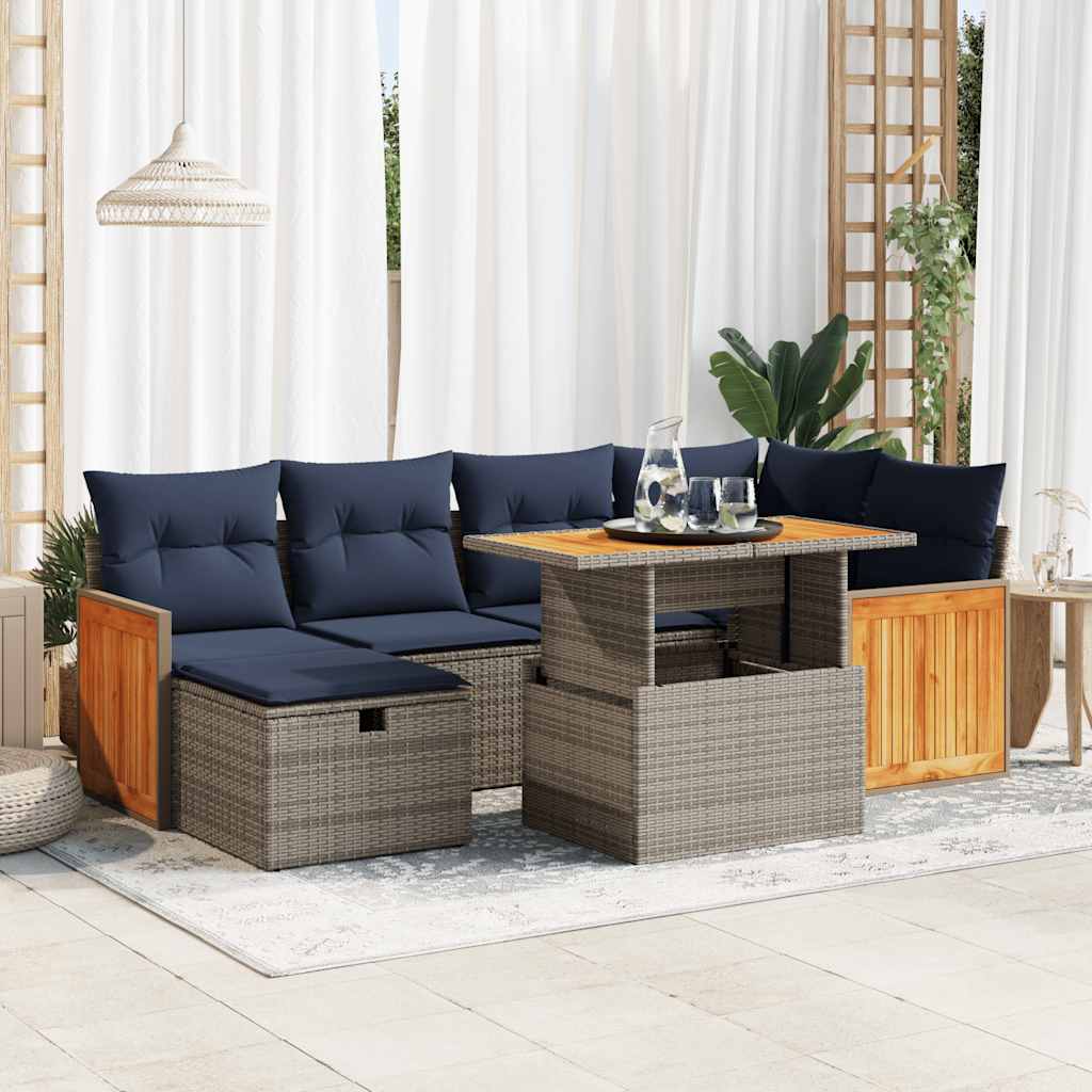 7 Piece Garden Sofa Set with Cushions Grey Poly Rattan Acacia